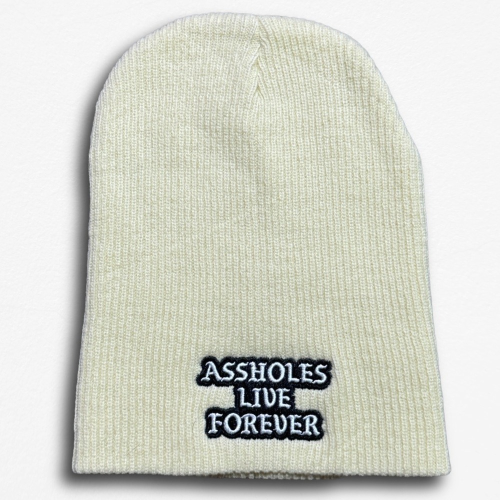 Assholes Live Forever Beanie Cream White Ribbed Knit Embroidered Patch Hat